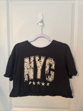 Five Star Black Cropped Tee with Distressed White NYC Graphic